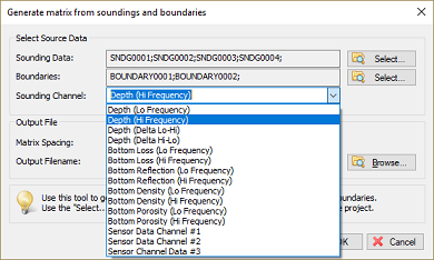 Select which echo sounder or other device data is used in the matrix generation