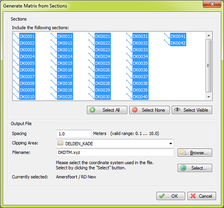 Generate matrix from sections dialog
