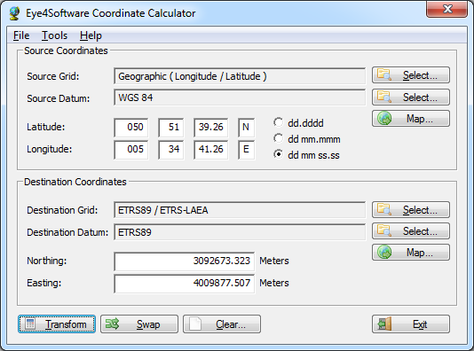 Click to view Eye4Software Coordinate Calculator 4.0.5.1120 screenshot