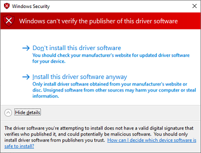 Choose the 'Install this driver software anyway' option to install the driver