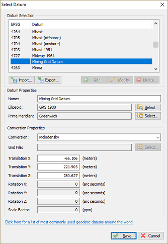 Setting up a map datum transformation for the mining grid