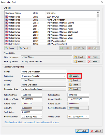 Click the 'Local...' button to enter mining grid parameters