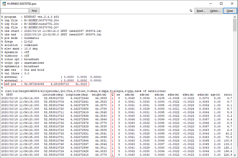 The resulting PPK correction file generated with RTKPOST