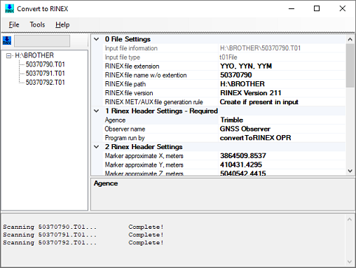 Convert Trimble T01 files to RINEX files using the Trimble ConvertToRINEX utility