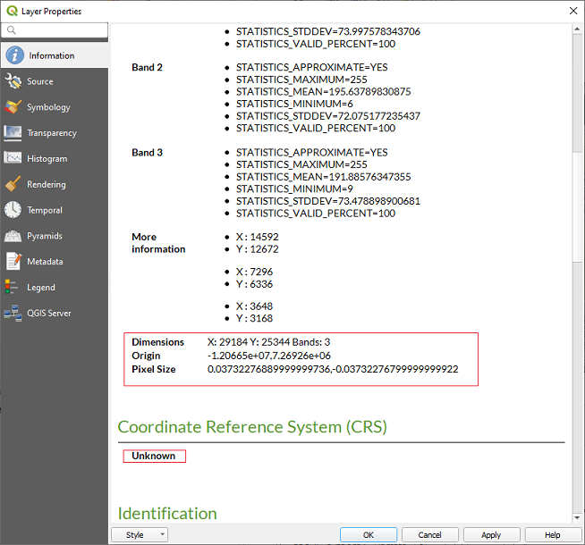 Consult the layer properties for more info on georeferencing, dimension and projection.