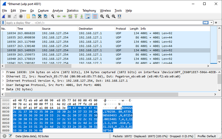 Incoming UDP packets containing NMEA0183 sentences