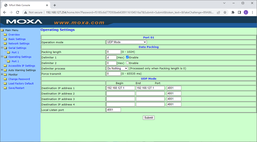 Set the operation mode to UDP to broadcast data