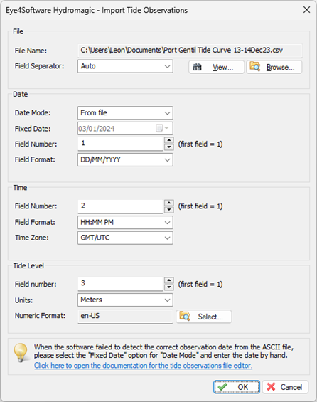 The CSV import tool in the tide editor.