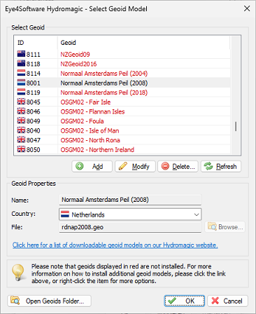 Create a geoid model definition in the Hydromagic geodetic database.