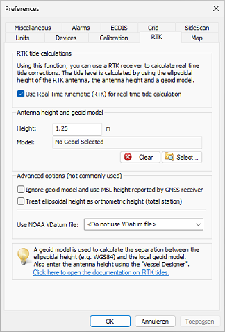 In the RTK tab, enable RTK tides and set the geoid model and antenna elevation.