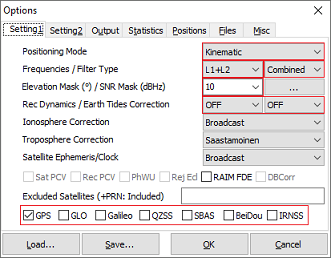 The first settings tab of RTKLib's RTKPOST application