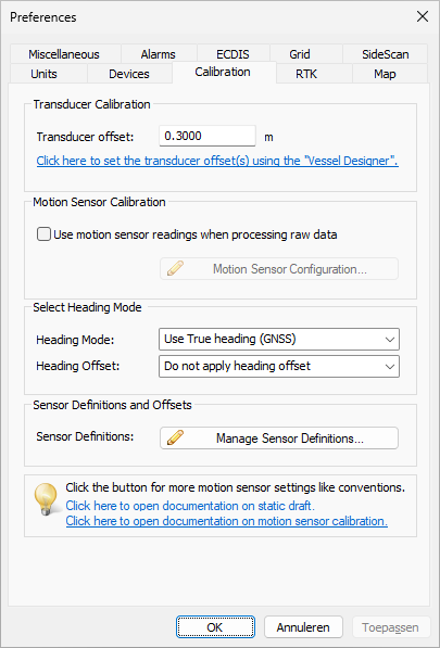 Calibration tab where you enter the transducer offset