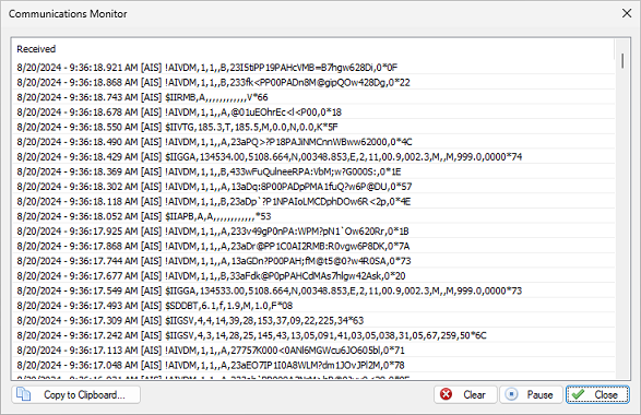 AIS NMEA 0183 sentences should be visible in Communications Monitor window