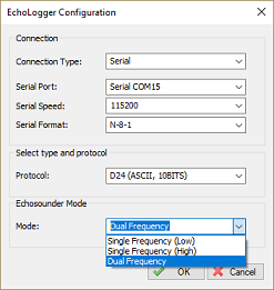 select echologger mode (single or dual frequecy)
