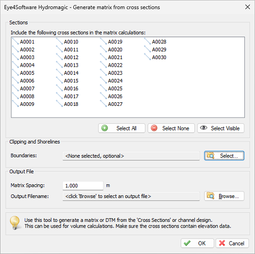 Generate matrix from sections dialog