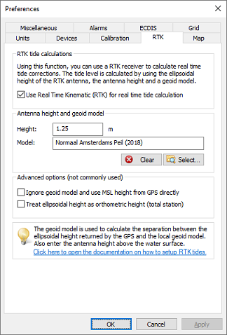 RTK settings tab in the preferences dialog