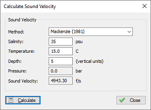 A built in sound velocity calculator that uses temperature and salinity