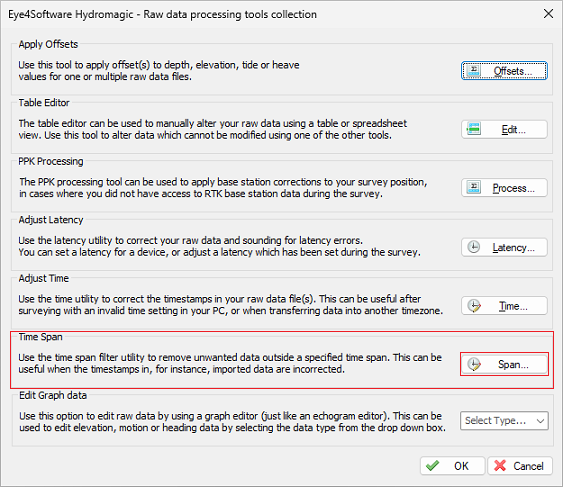 The time span filter tool can be found on the data correction page of the Sounding Wizard