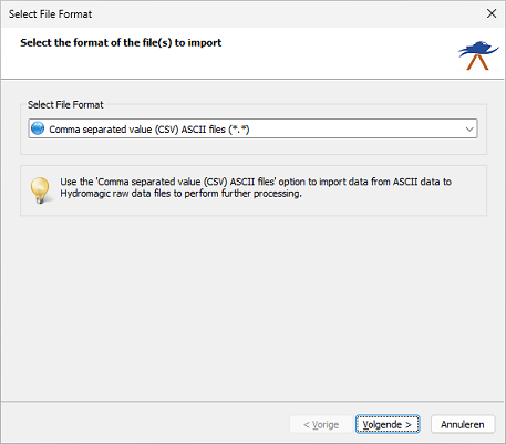 Select the Comma separated value (CSV) ASCII files files format from the dropdown list