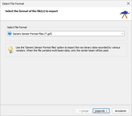 Select the Generic Sensor Format Files (*.gsf) format from the dropdown list