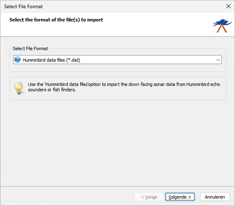 Select the Humminbird data files (*.dat) format from the dropdown list