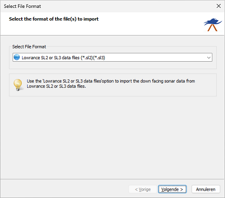 Select the Lowrance SL2 or SL3 data files (*.sl2)(*.sl3) format from the dropdown list