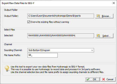 Raw data files can be exported as SEG-Y geophysical data files.