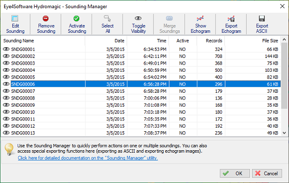 The sounding files manager shows a list of sounding files in the project
