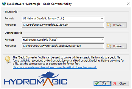 The Geoid Converter utility allows you to convert geoid data to the Hydromagic geoid file format